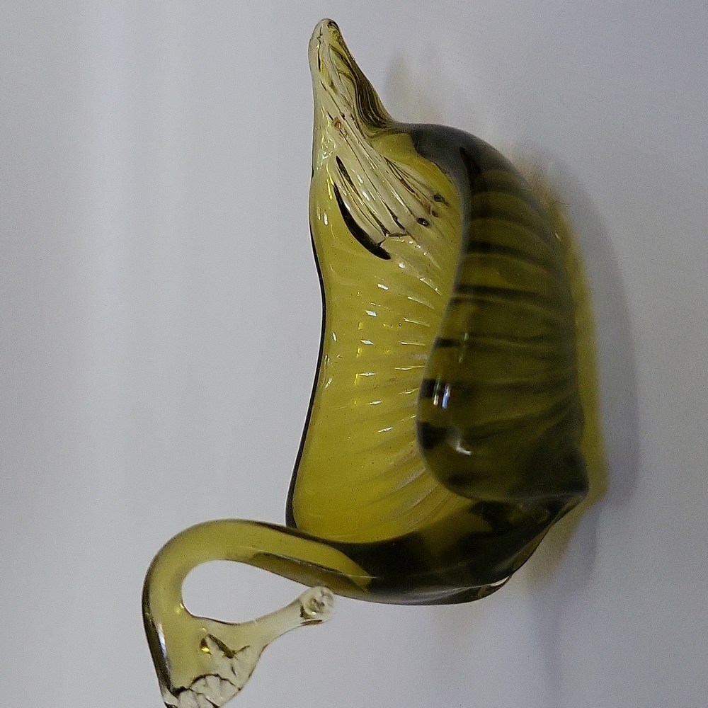 Vintage Olive Green Glass Swan Trinket Candy Dish